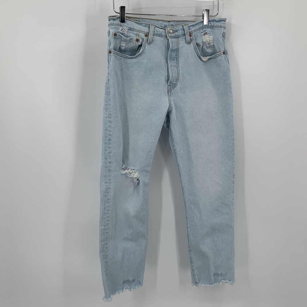 Levi's Premium 501 jeans denim distressed cropped light wash raw frayed hem 30
